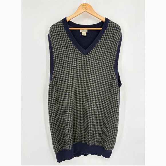 LL Bean 100% Lamb's Wool V neck Sweater Vest XXL-Tall Green Blue Houndstooth - Picture 1 of 8